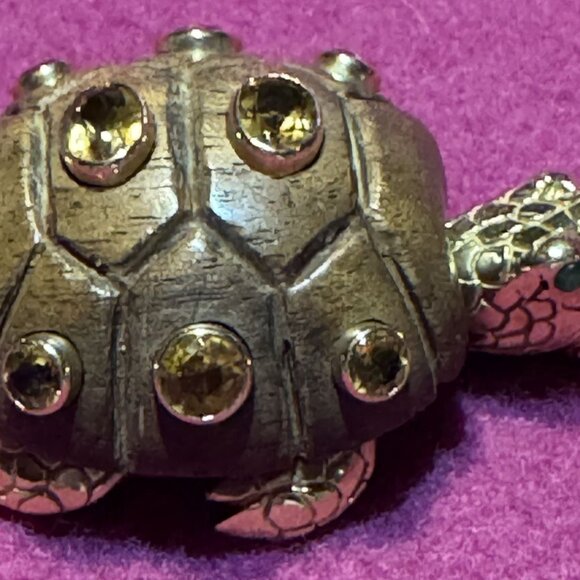 Vintage 14K Gold Turtle Brooch With Citrine Accents Petrified Wood Shell 2" X 1 - Picture 6 of 8